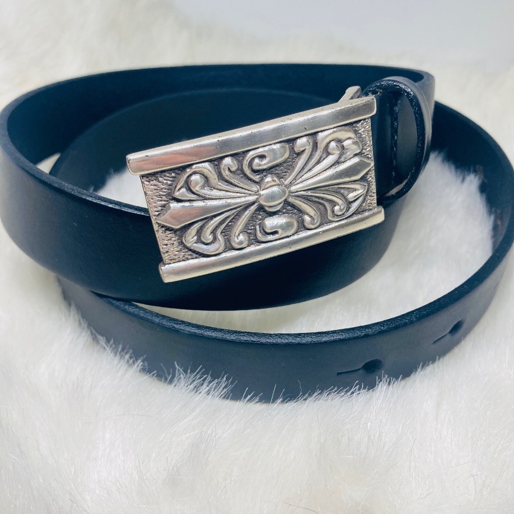 Vintage L Black Italia Leather Belt With Silver Scrollwork Buckle Made USA 39”